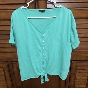 Talbots Sea Foam Green Textured Fabric Tie-Front V-Neck Top - Size XL